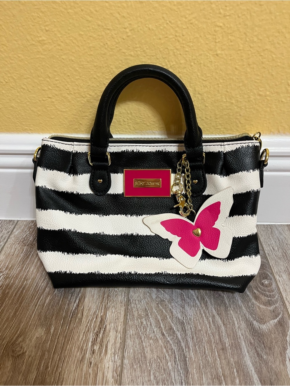 Betsey Johnson Black & White Striped Satchel with Pink Butterfly Accent